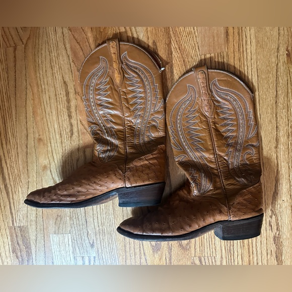 Ostrich Cowboy Boots Vintage USA Exotic Skin Leather Western Mens 10.5 D - Picture 2 of 10